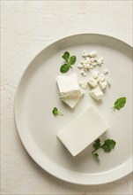 Cheese briquette for salads, Danish, white, top view, on a white plate