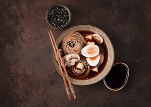 Asian soba soup, with mushrooms and egg, cheese, sesame seeds, homemade, no people