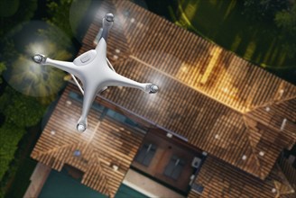 Quadcopter UAV drone flying A residential roof inspection. generative AI background, AI generated