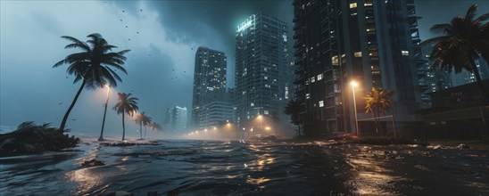 Hurricane destroys city shore, infrastructure and causing damage and floods, AI generated