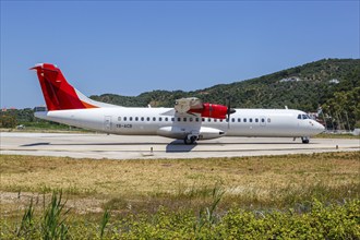 An Air Connect ATR 72-600 aircraft with the registration YR-ACB at Skiathos Airport, Greece, Europe