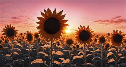 Abstract illustration of a field of sunflowers backlight with beautiful sunrise, AI generated