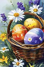 Illustration of of vibrant colored Easter eggs in a wicker basket, surrounded by delicate spring