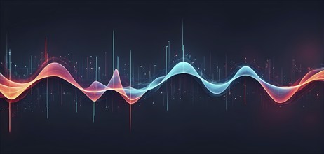 Abstract illustration of digital wave forms and circuits converging to form abstract symbols of