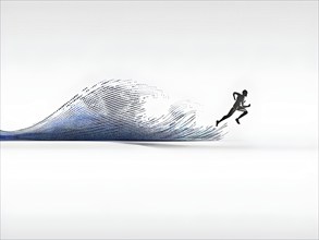 Wave of data points shaping into a runners silhouette, abstract illustration in black and white,