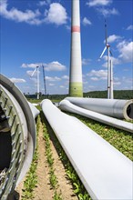 Repowering of a wind farm, near Brilon-Radlinghausen, 2 old turbines are demolished, rotors and