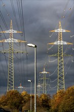 High-voltage pylons, overhead lines, with warning paint for air traffic, near Krefeld, North