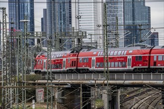 Regional train on the track in front of Frankfurt am Main main station, Skyline, Hesse, Germany,