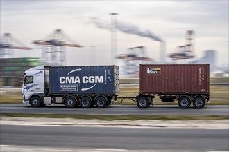 Container lorry, bringing containers to Euromax Container Terminal, the seaport of Rotterdam,