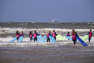 Course for surfers, surfing beginners, on the beach of Scheveningen, Netherlands