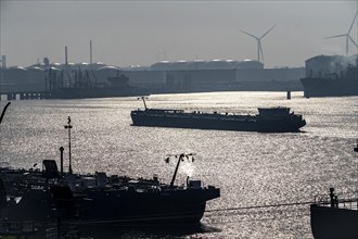 Cargo ships, tankers in the seaport of Rotterdam, in the petroleum harbour, Europoort, Rotterdam,