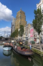 Rotterdam city centre, Oudehaven, historic harbour, historic ships, modern city backdrop,