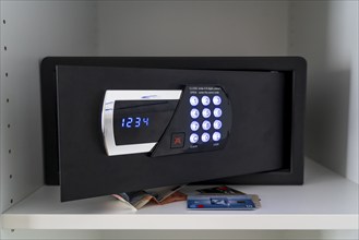 Hotel safe, for the secure storage of valuables in the hotel room, with PIN number, keypad