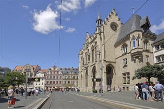 Neo-Gothic town hall and tram stop with rails, people, fish market, Erfurt, Thuringia, Germany,