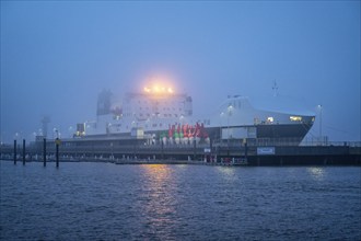 Thick fog in winter, hangs over the mouth of the Elbe into the North Sea, DFDS ferry viewpoint Alte