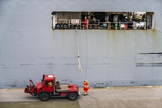 North lock in the overseas harbour of Bremerhaven, the vehicle transporter Durban Highway, under