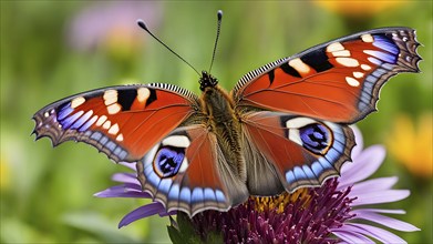 Detailed macro of a peacock butterfly (Aglais io), with a focus on the striking eyes, AI generated