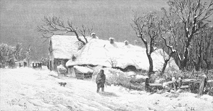 Winter landscape near Meldorf, frost, farmhouse, hedge, trees, person, dog, wooden fence,