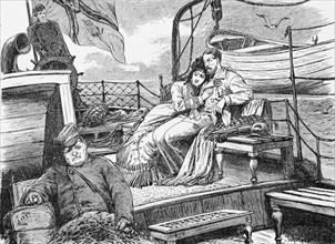 Seasick on the aft deck, East Frisia, North Sea, Lower Saxony, on deck, young couple, sick, nausea,