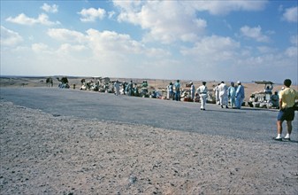 Dealer at the pyramids, Giza, Cairo, Egypt, September 1989, vintage, retro, old, historical, Africa