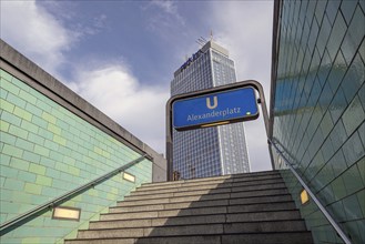 Alexanderplatz. Underground station with stairs and station sign. Berlin, Germany, Europe