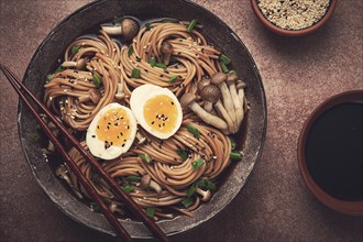 Buckwheat noodles, soba, with shimeji mushrooms, boiled egg, green onion, sesame seeds, homemade,