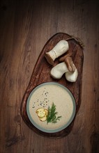 Mushroom cream soup, with dill and bruschetta, mushroom eringi