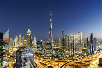 Burj Khalifa skyline tallest building in the world from above at night in Dubai, United Arab