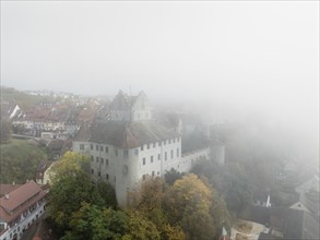 Aerial view of the historic Meersburg in autumn fog, Lake Constance, Lake Constance district,