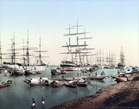 Sailing ships in the harbour of Kolkata, Calcutta, India, Historic, digitally restored reproduction