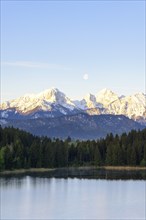 Hegratsrieder See near Füssen, Allgäu Alps, snow, moon, dawn, Allgäu, Bavaria, Germany, Europe