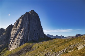 Steep mountain Segla, fjord Mefjorden with Bergen, island Senja, Troms, Norway, Europe