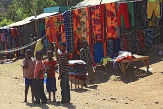 South Ethiopia, market in Jinka, locals in front of a market stall, market scene, Ethiopia, Africa