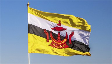 The flag of Brunei flutters in the wind, isolated against a blue sky