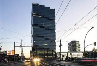 The 140 metre high Amazon office tower Edge East Side at Warschauer Brücke, at blue hour, Berlin,