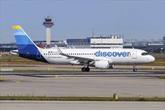 A Discover Airlines Airbus A320 aircraft with the registration D-AIUR at Frankfurt Airport,