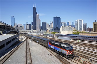 Skyline with METRA commuter train railway at Union Station in Chicago, USA, North America