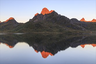 Mountains reflected in fjord, morning light, sunny, autumn, Annfjord, Vesteralen, Norway, Europe