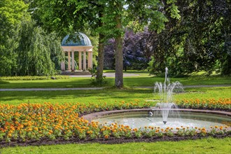 Fountain avenue with strawberry temple in the spa gardens, spa town Bad Pyrmont, Lower Saxony state