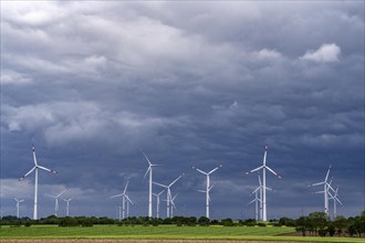 Wind farm east of Geilenkirchen, dark storm clouds, strong wind, North Rhine-Westphalia, Germany,