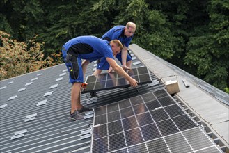 Installation of solar modules on the roof of a barn on a farm, over 240 photovoltaic modules are