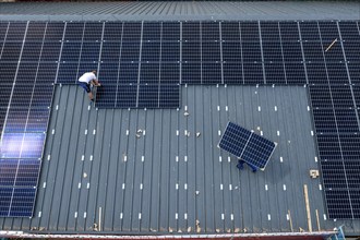 Installation of solar modules on the roof of a barn on a farm, over 210 photovoltaic modules are