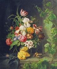 Colourful bouquet of flowers in a vase, sparrow and grapevine on a windowsill, painting by Josef