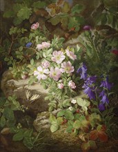 Large still life with alpine flowers and butterflies, painting by Josef Lauer (1818, 1881),