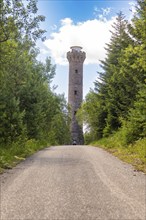 A tall stone tower rises into the sky above a forest path, surrounded by lush trees and under a