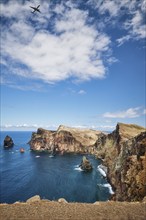 Madeira Island scenic rugged landscape, Ponta do Sao Lourenco cape with descending passenger