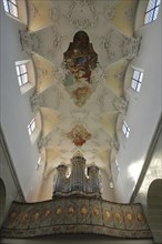 Interior view with organ and ceiling fresco, wall painting, of the UNESCO Carolingian St Peter and