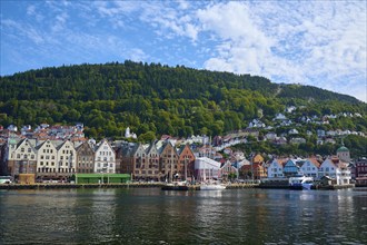 Picturesque coastal town with colourful houses and densely wooded hills in the background, boats on