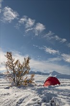 Tent in mountain landscape, Sarek National Park, Laponia World Heritage Site, Norrbotten, Lapland,