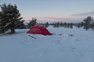 Tent in mountain landscape, Sarek National Park, World Heritage Laponia, Norrbotten, Lapland,